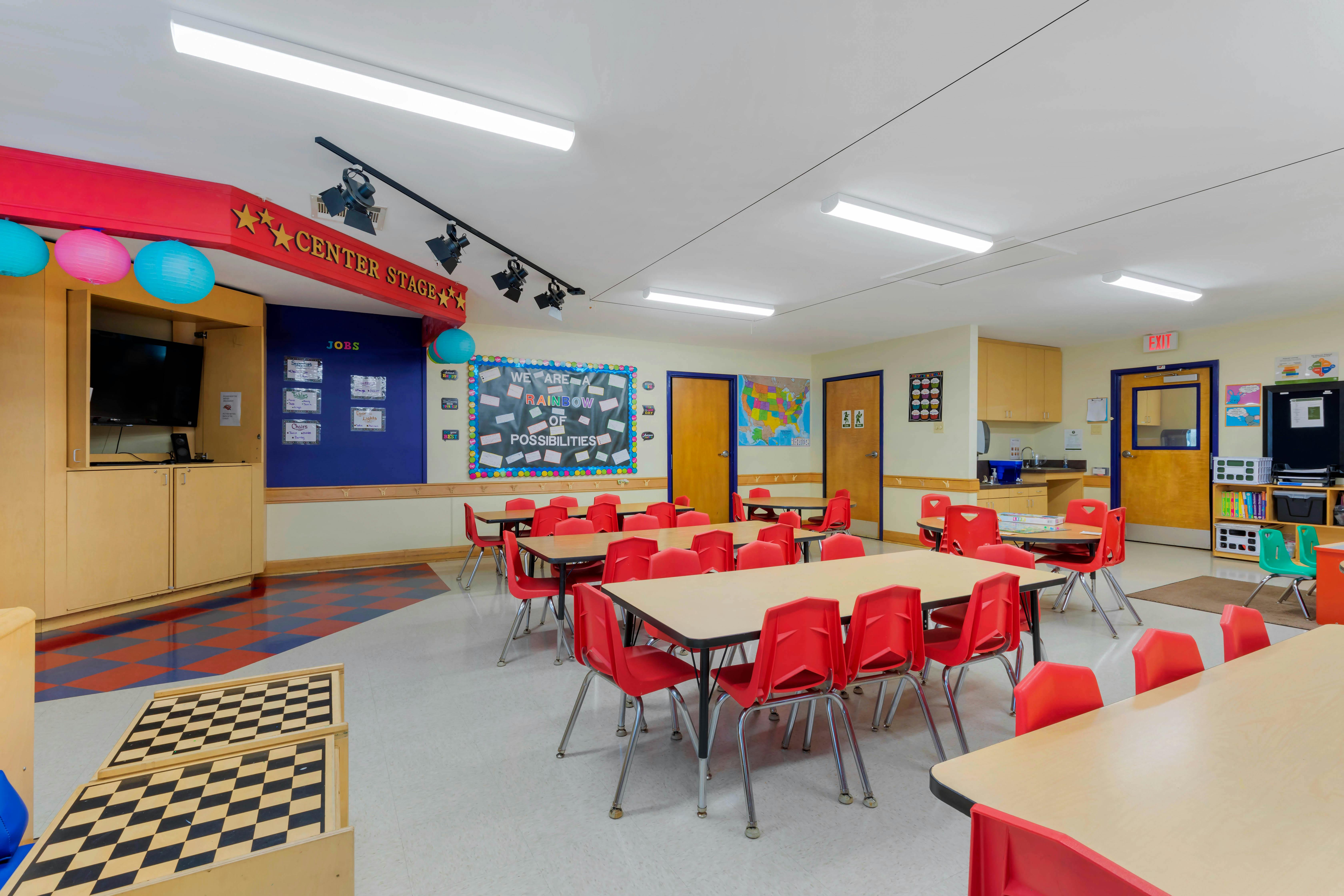 Classroom with small tables and red chairs, a stage area, and activity boards
