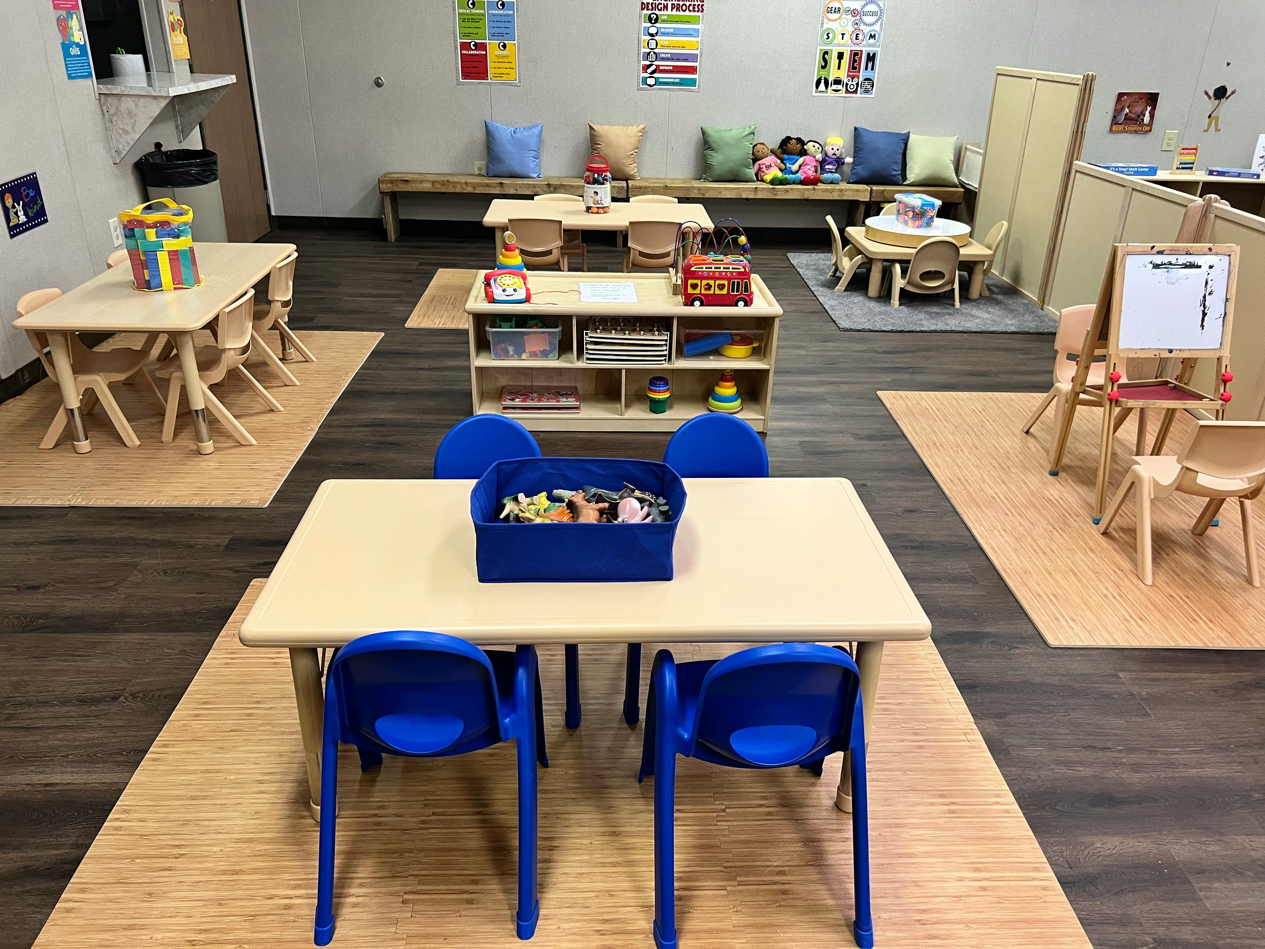 Classroom with small tables and chairs