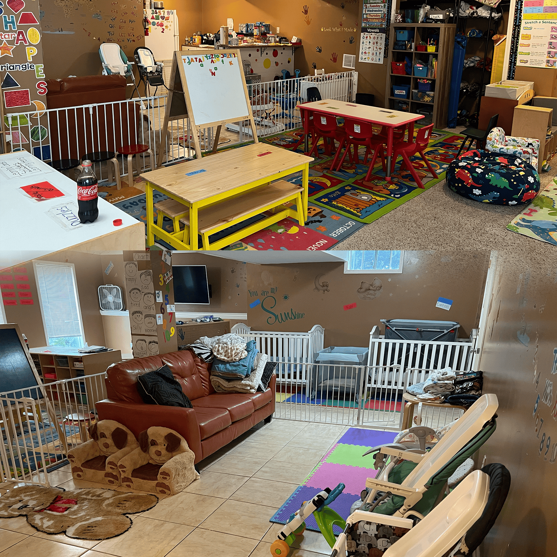 Playroom with cribs, playpens, small tables, and a brown sofa