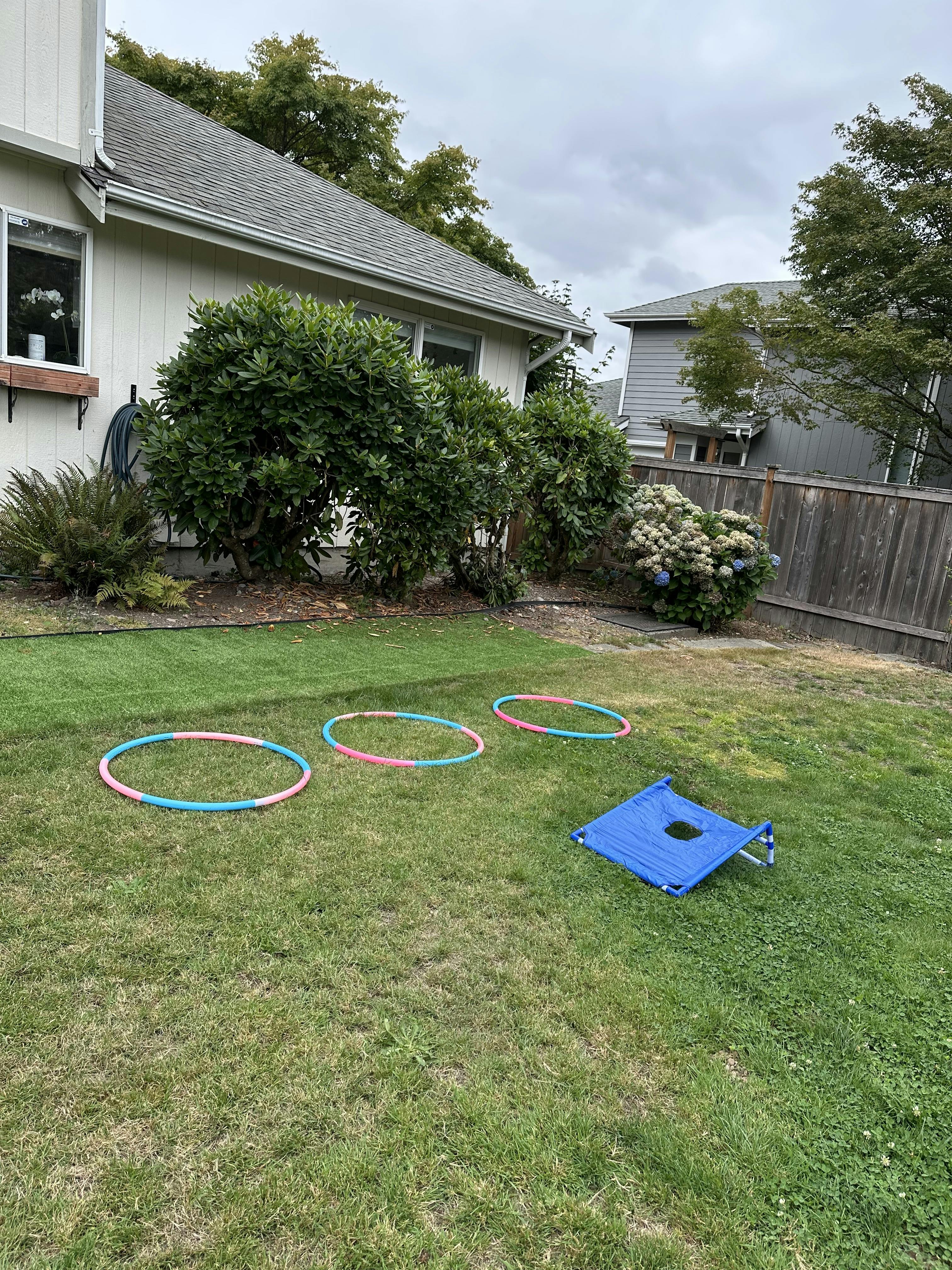 Three hula hoops and a foldable lawn game target on a grassy backyard lawn