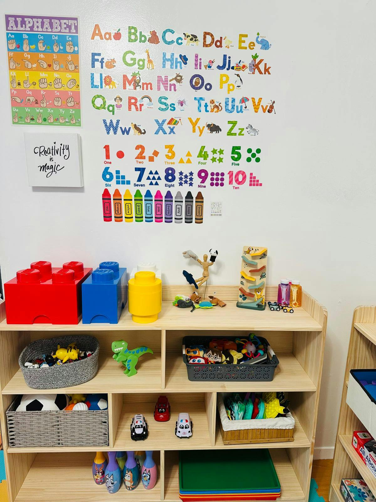 Wall with alphabet and numbers above shelves of toys