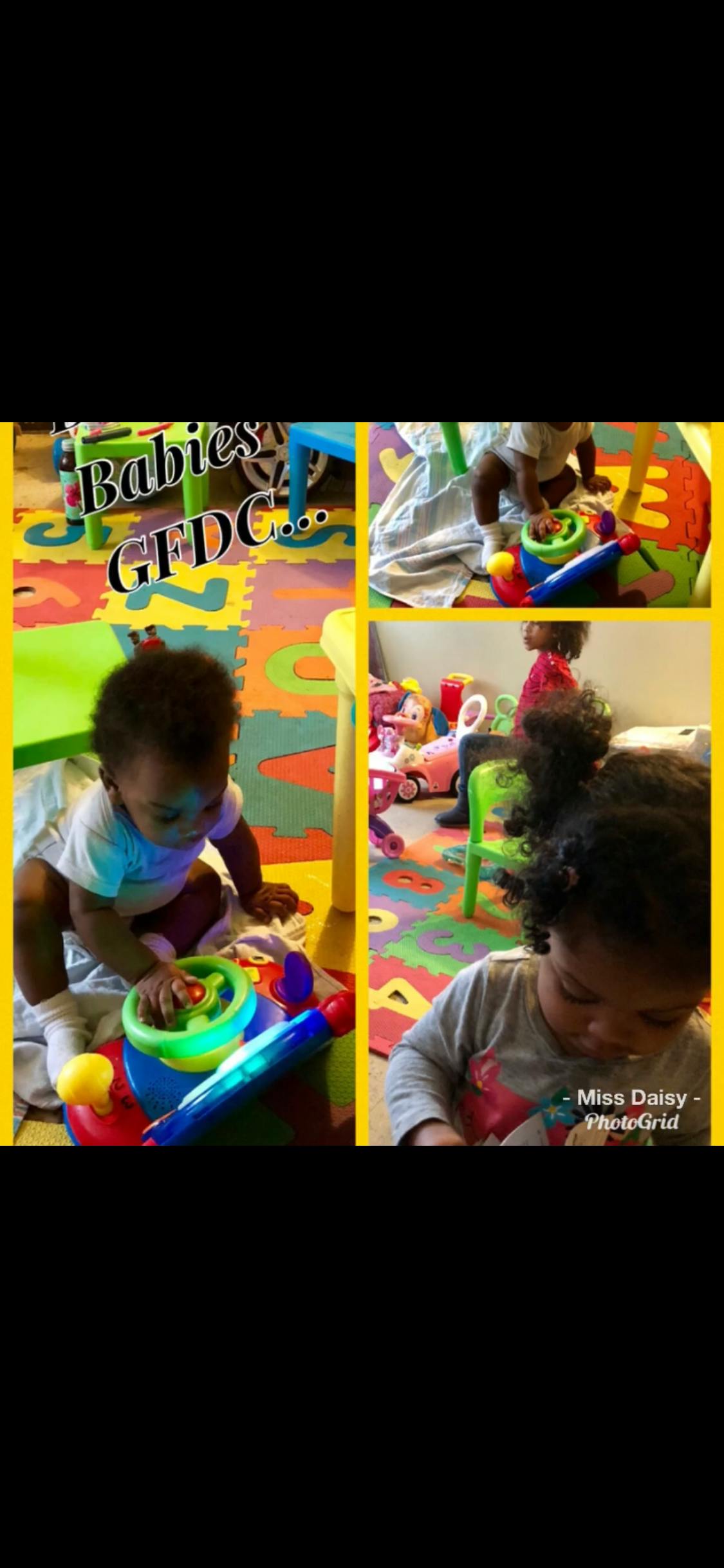 Collage of children playing with toys on a colorful mat
