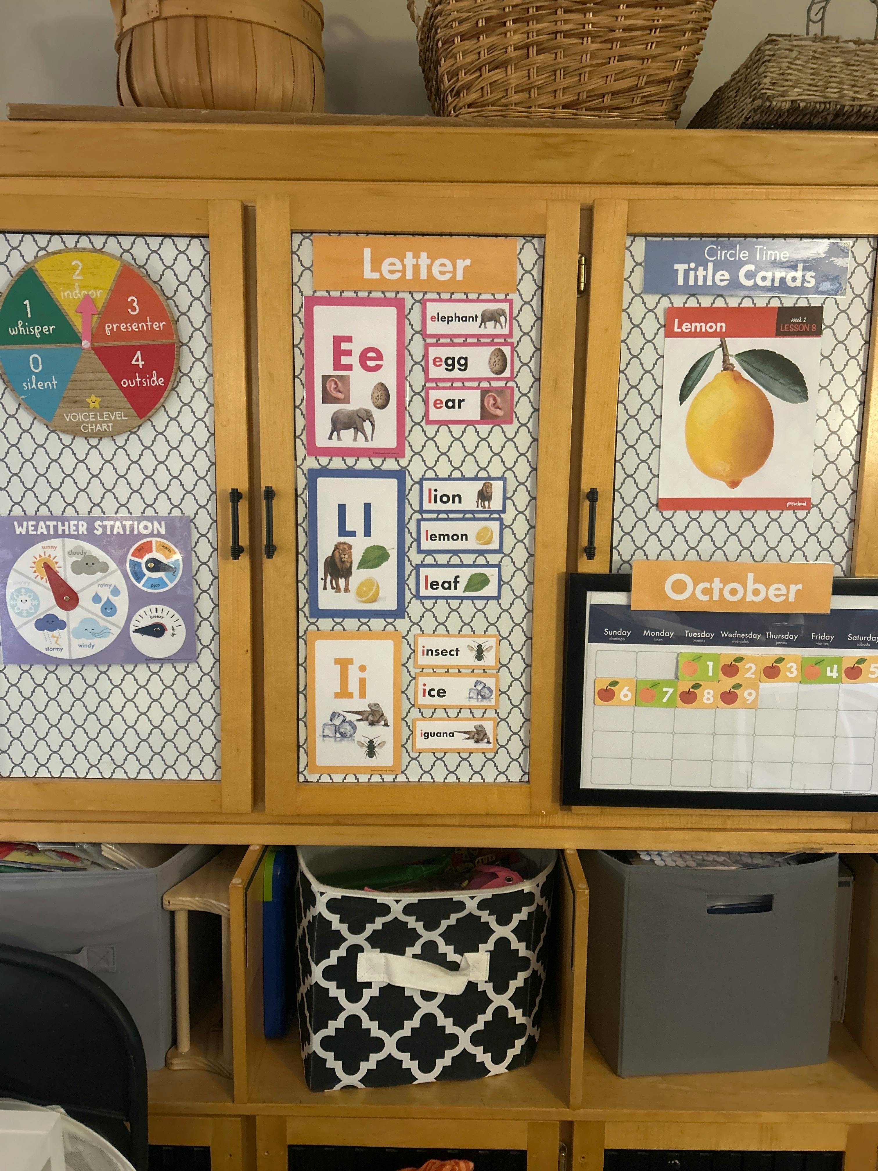 Classroom cabinet with alphabet and weather charts, and a calendar