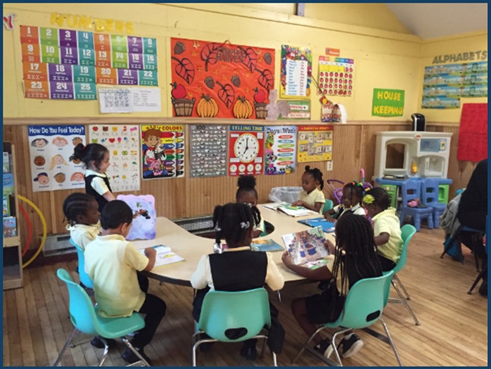 Children sitting at a table in a classroom