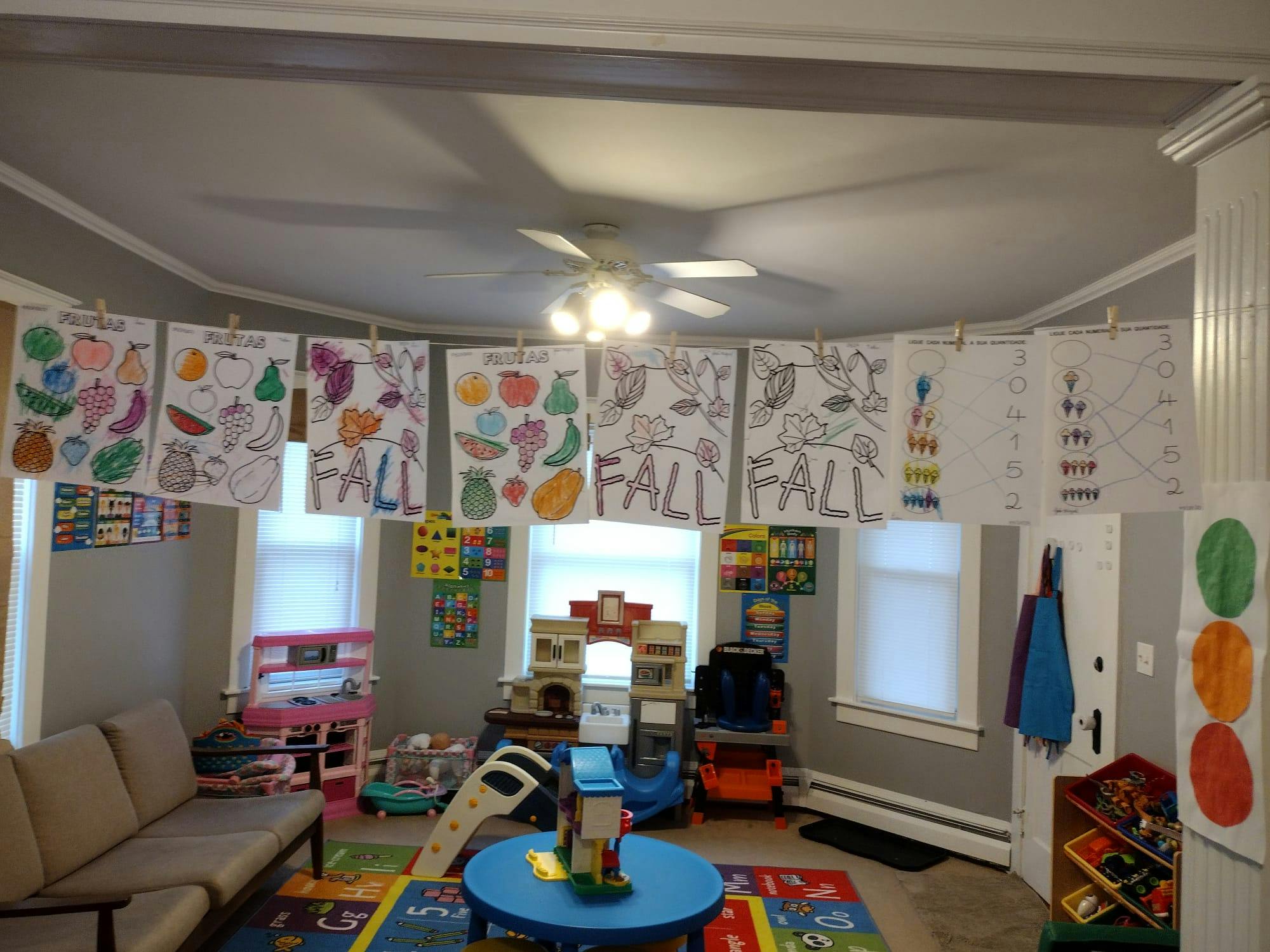Classroom with children's artwork and toys