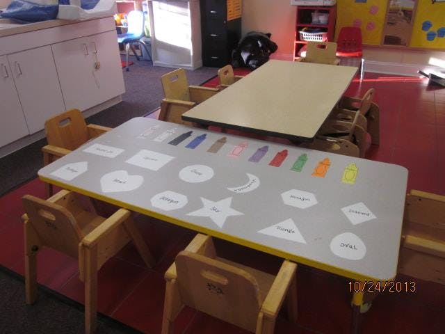 Classroom table with shape cutouts and crayon illustrations