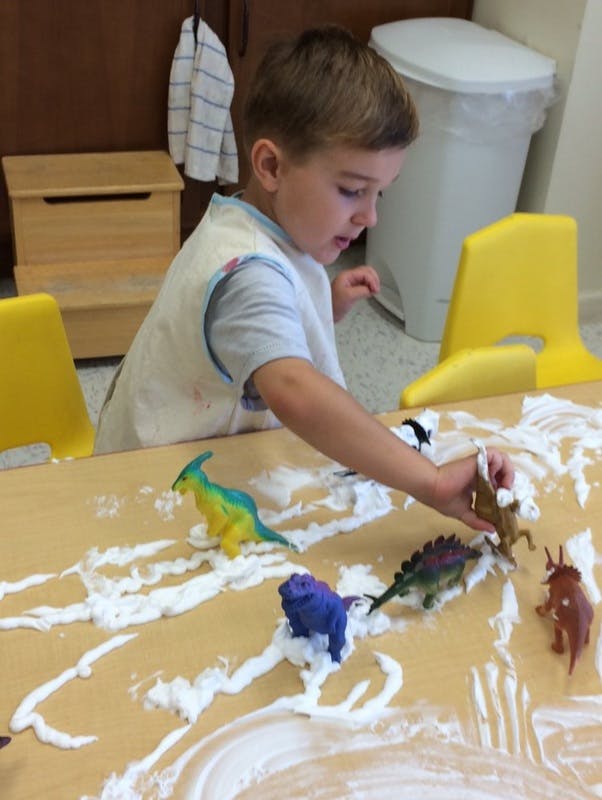 Child playing with dinosaur toys and shaving cream