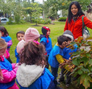 Adult and children looking at plants outdoors