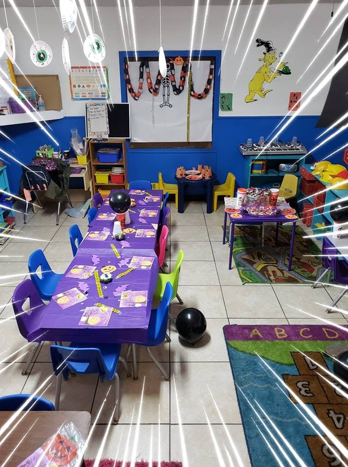 Classroom with tables set for a party
