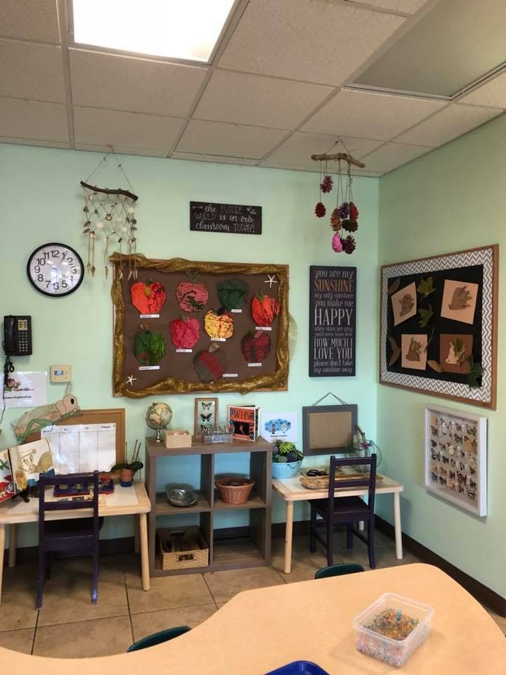 Classroom with tables, chairs, and artwork on the walls