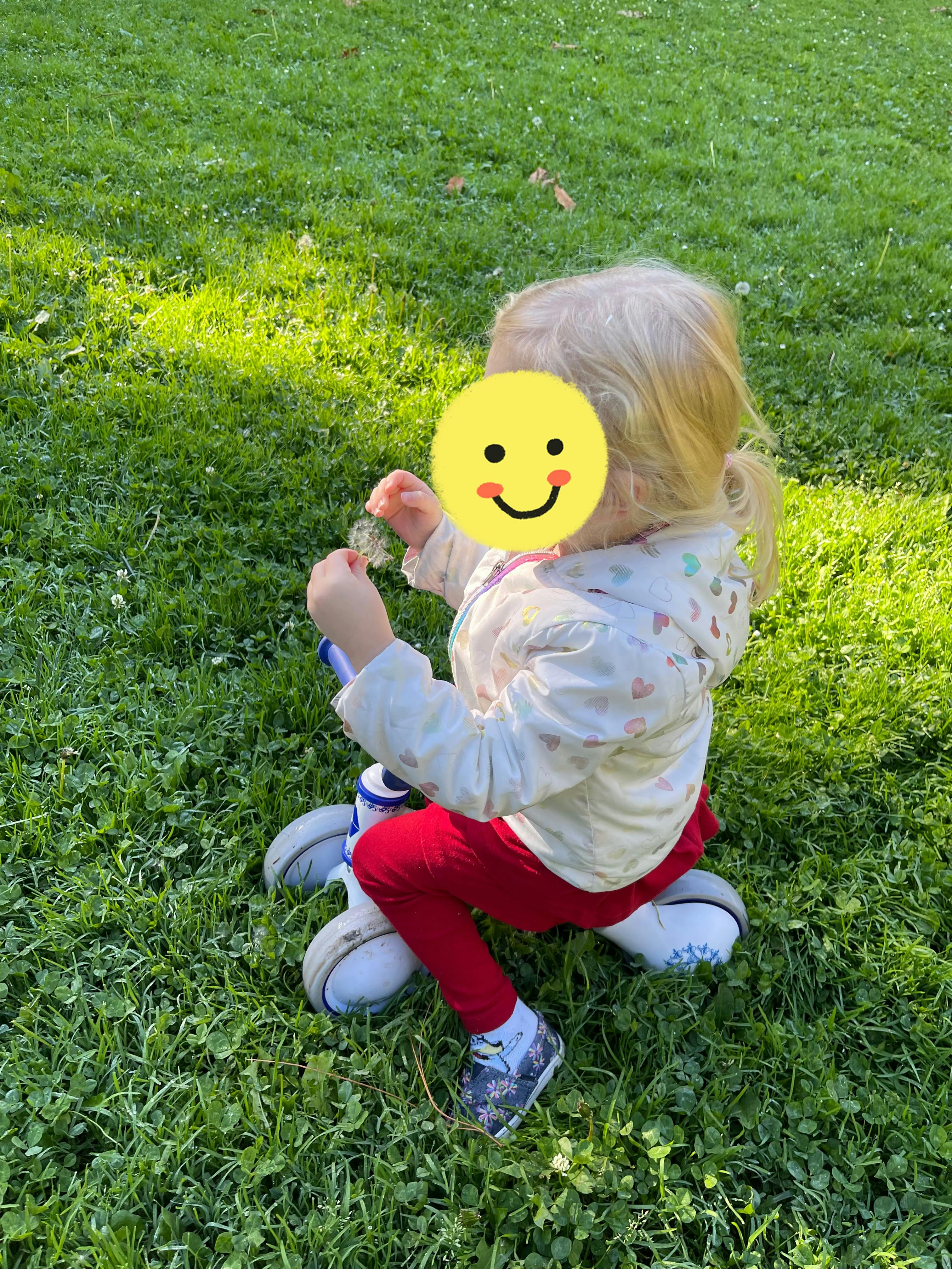 Child on a small ride-on toy in grass
