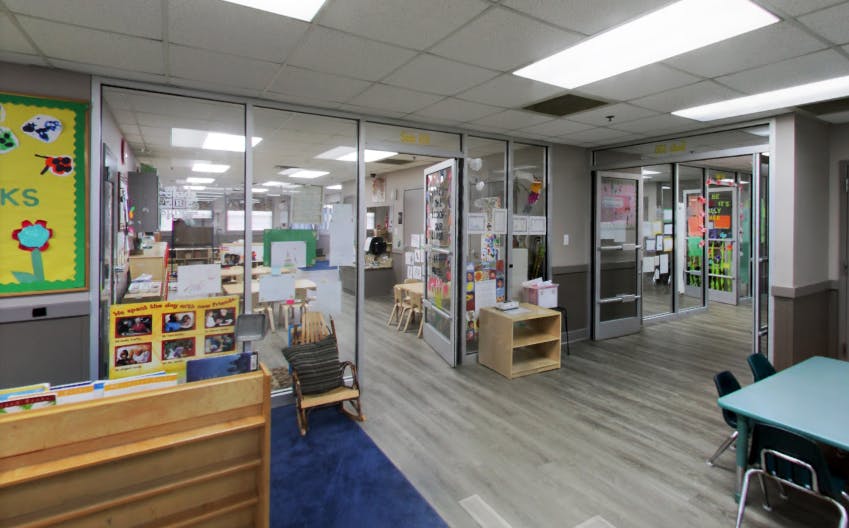 Classroom with glass walls and tables