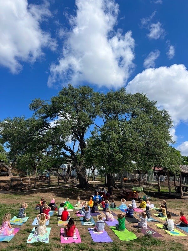Children sitting on yoga mats outdoors under a large tree
