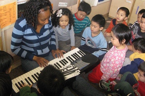 Person playing a keyboard for a group of children
