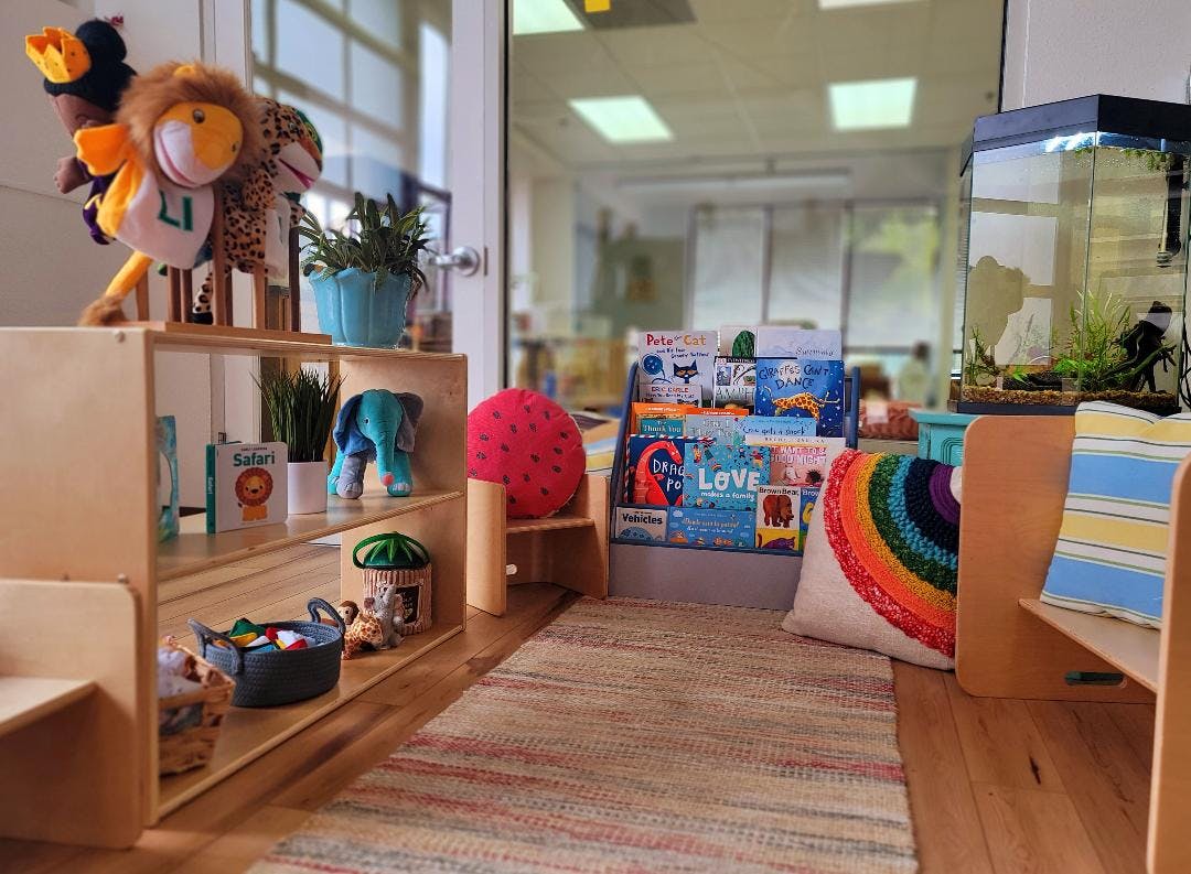 Bookshelf with stuffed animals, potted plants, and an aquarium in a room