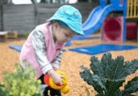 Child in a hat watering a plant with a small watering can