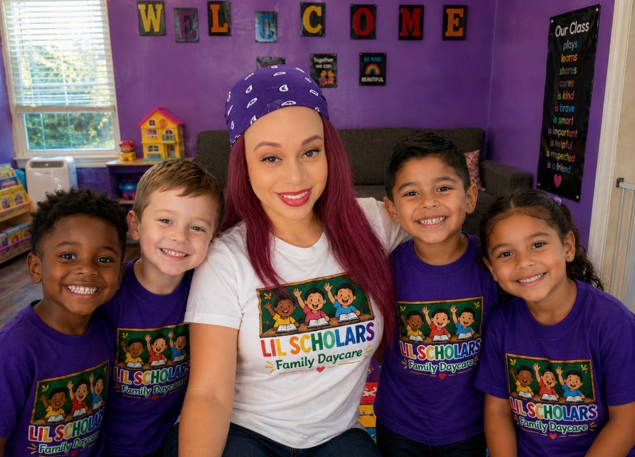 Adult and four children in matching Lil Scholars Family Daycare shirts