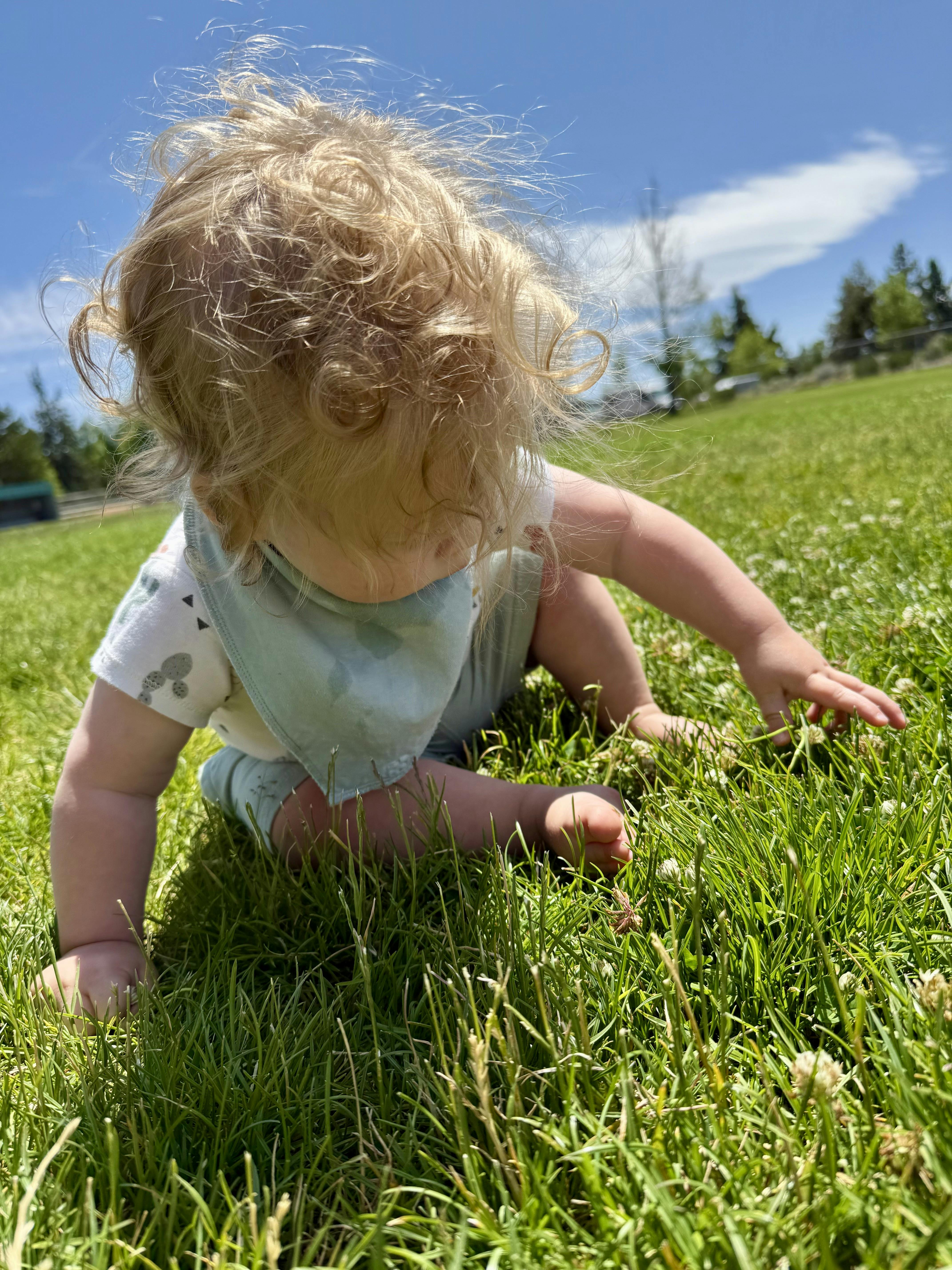 Child crawling in green grass