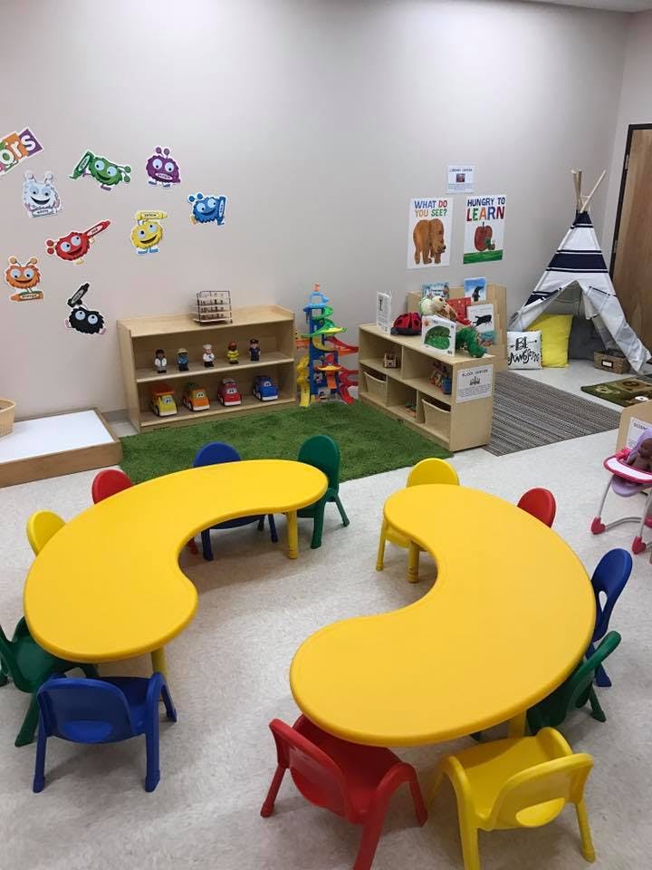 Classroom with yellow kidney-shaped tables and colorful chairs