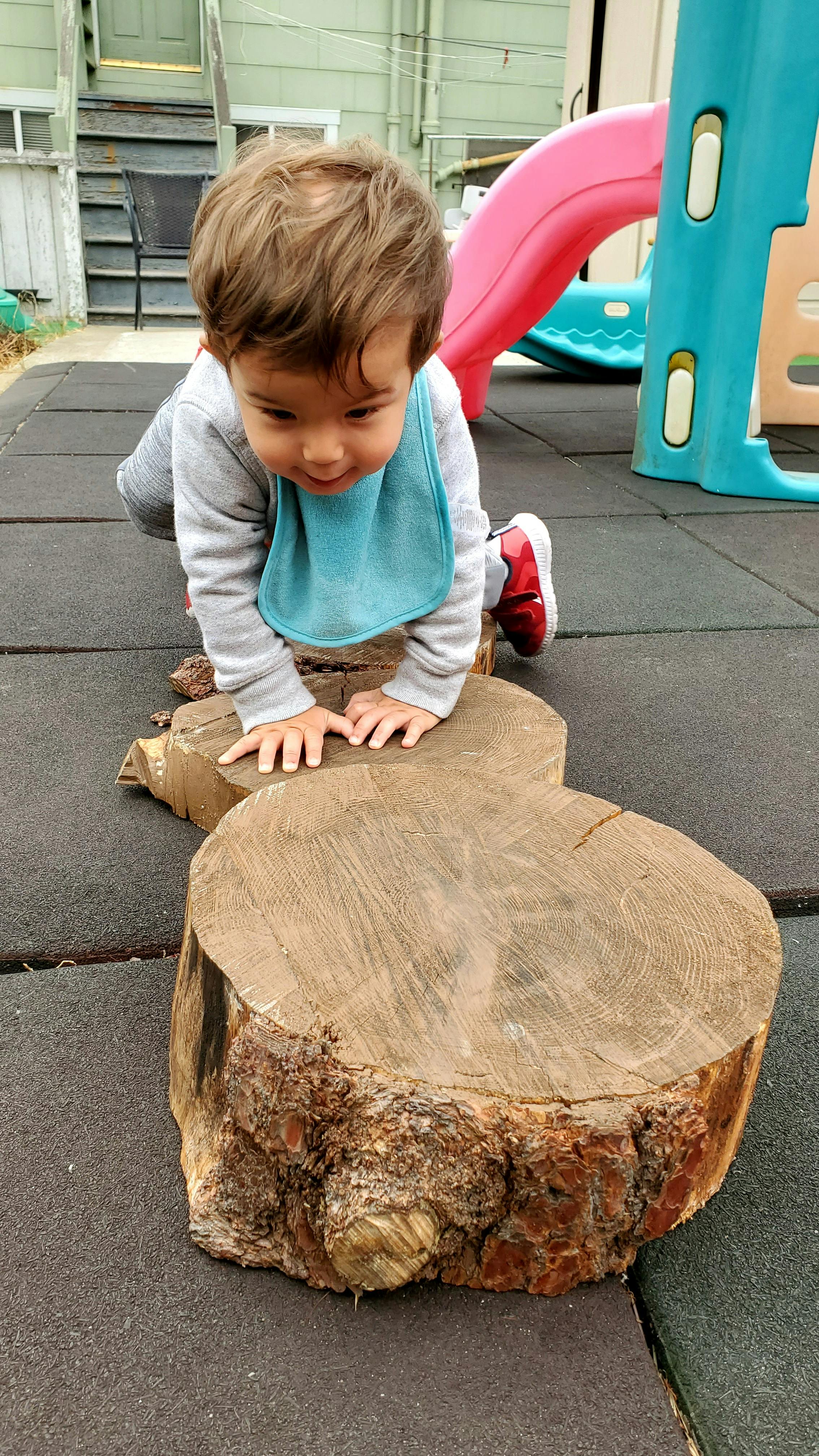 Child crawling over wooden stumps on a playground