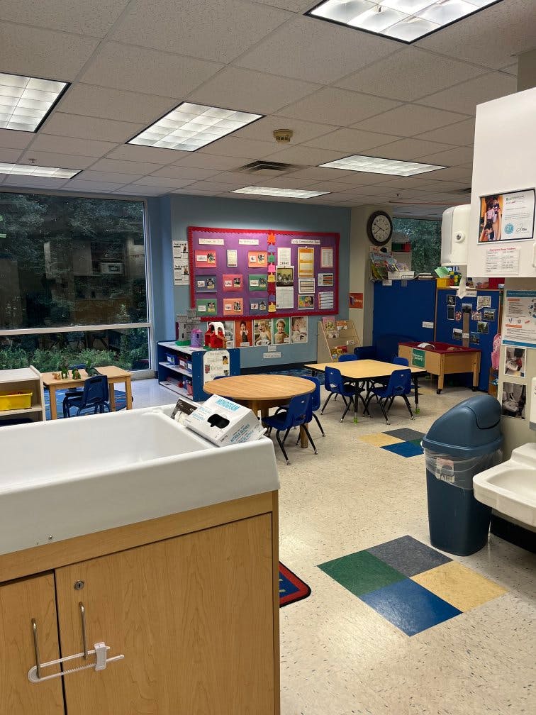 Classroom with child-sized tables and chairs