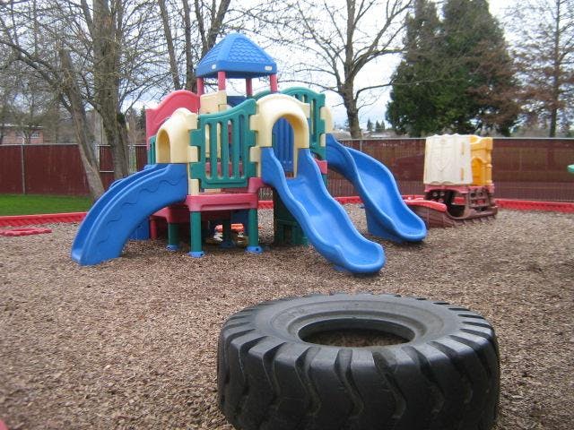Colorful playground structure with multiple blue slides on wood chips