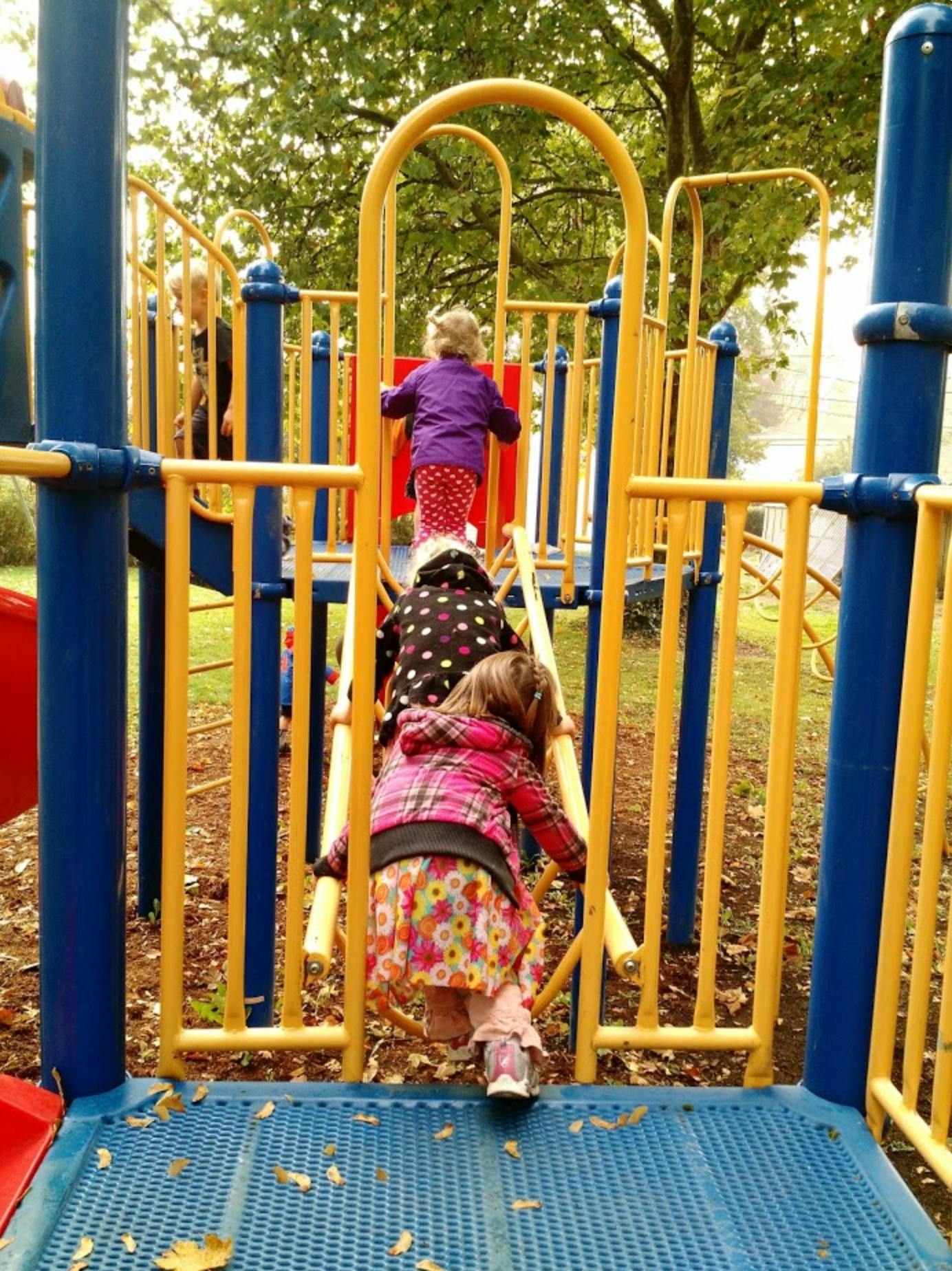 Three children climbing a ladder on a playground structure