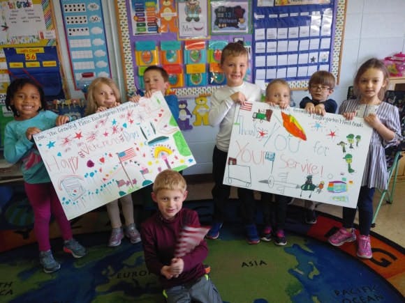 Children holding up drawings in a classroom