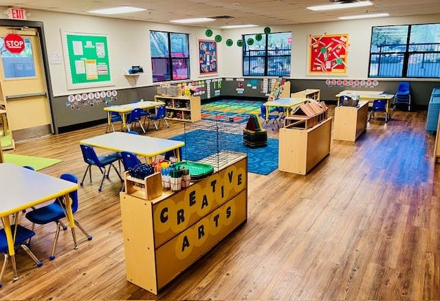 Empty classroom with small tables and chairs, and a creative arts station