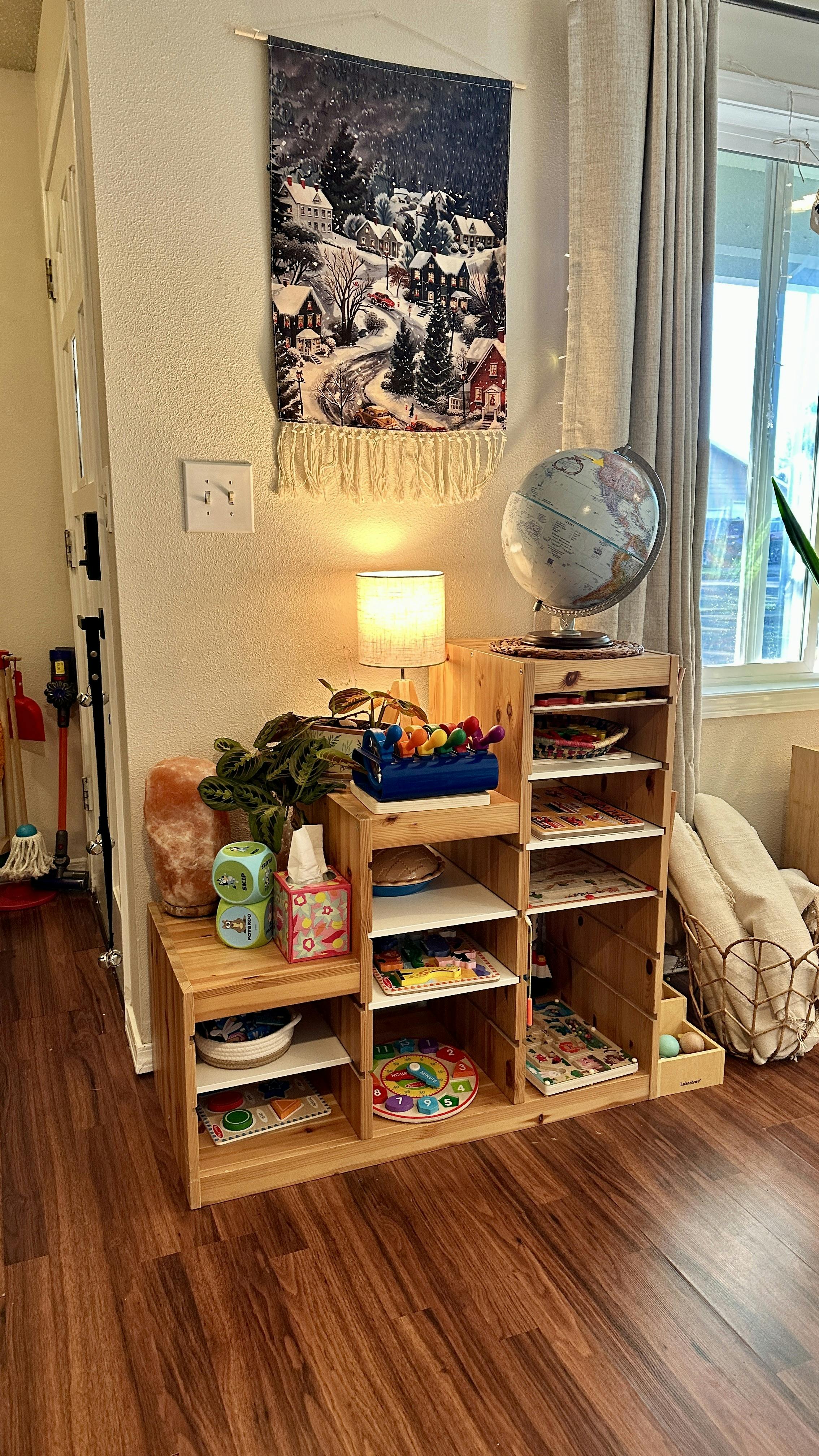 Wooden shelves with various learning toys and a globe