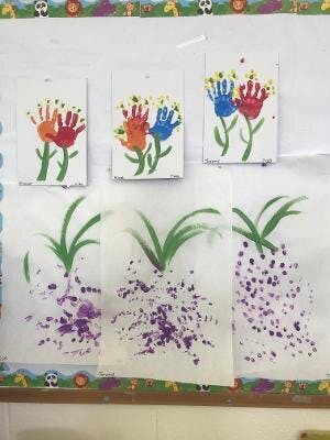 Children's artwork of handprint flowers and purple dot plants