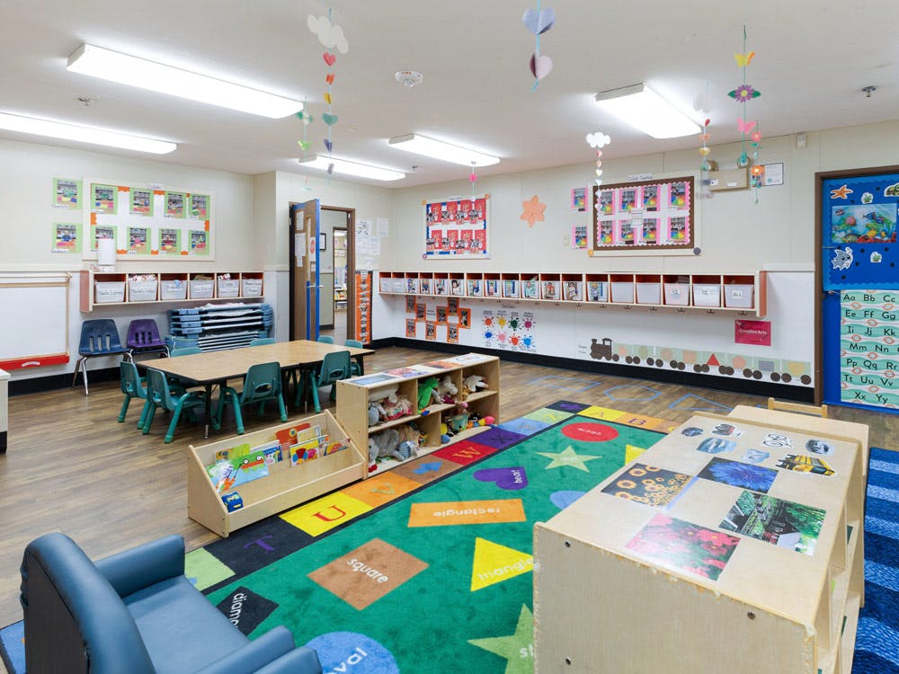 Colorful and organized classroom with tables, chairs, and learning materials