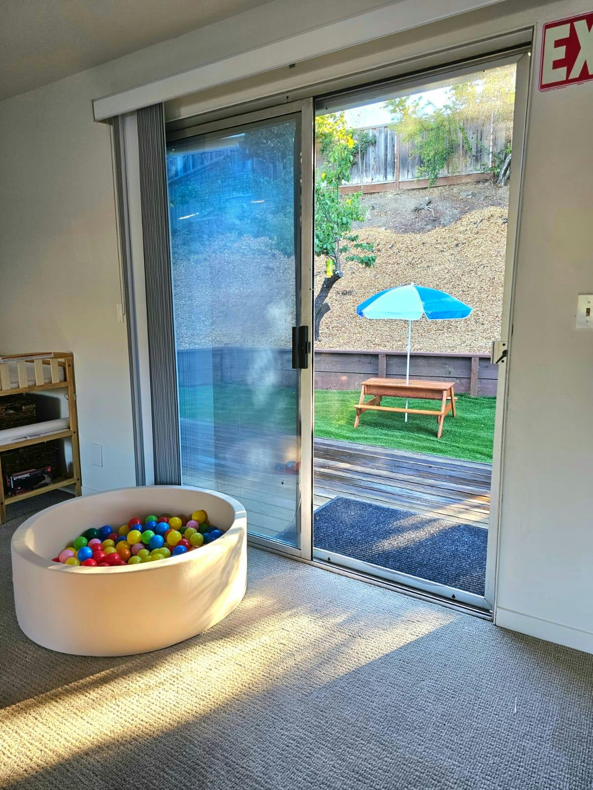 Ball pit next to a sliding glass door looking out to a yard