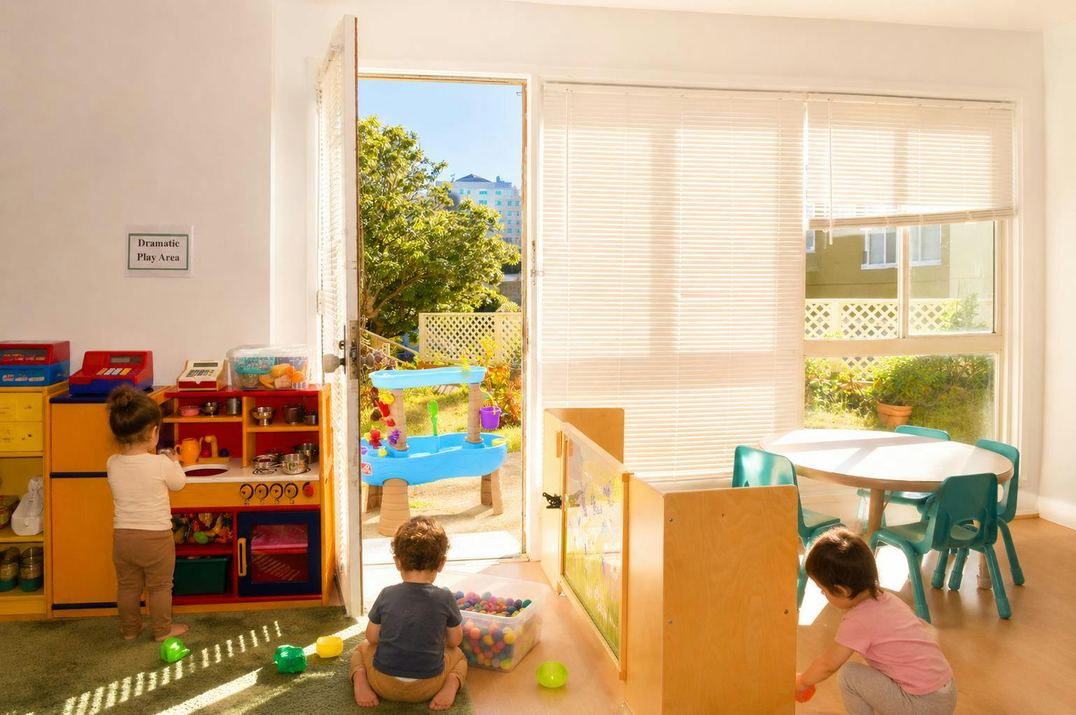 Three children playing in a room labeled Dramatic Play Area