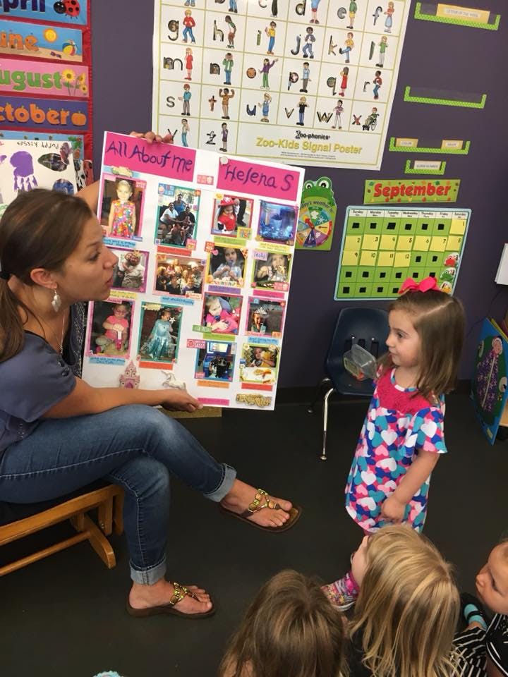 Person showing a poster titled "All About Me Helena S" to children in a classroom