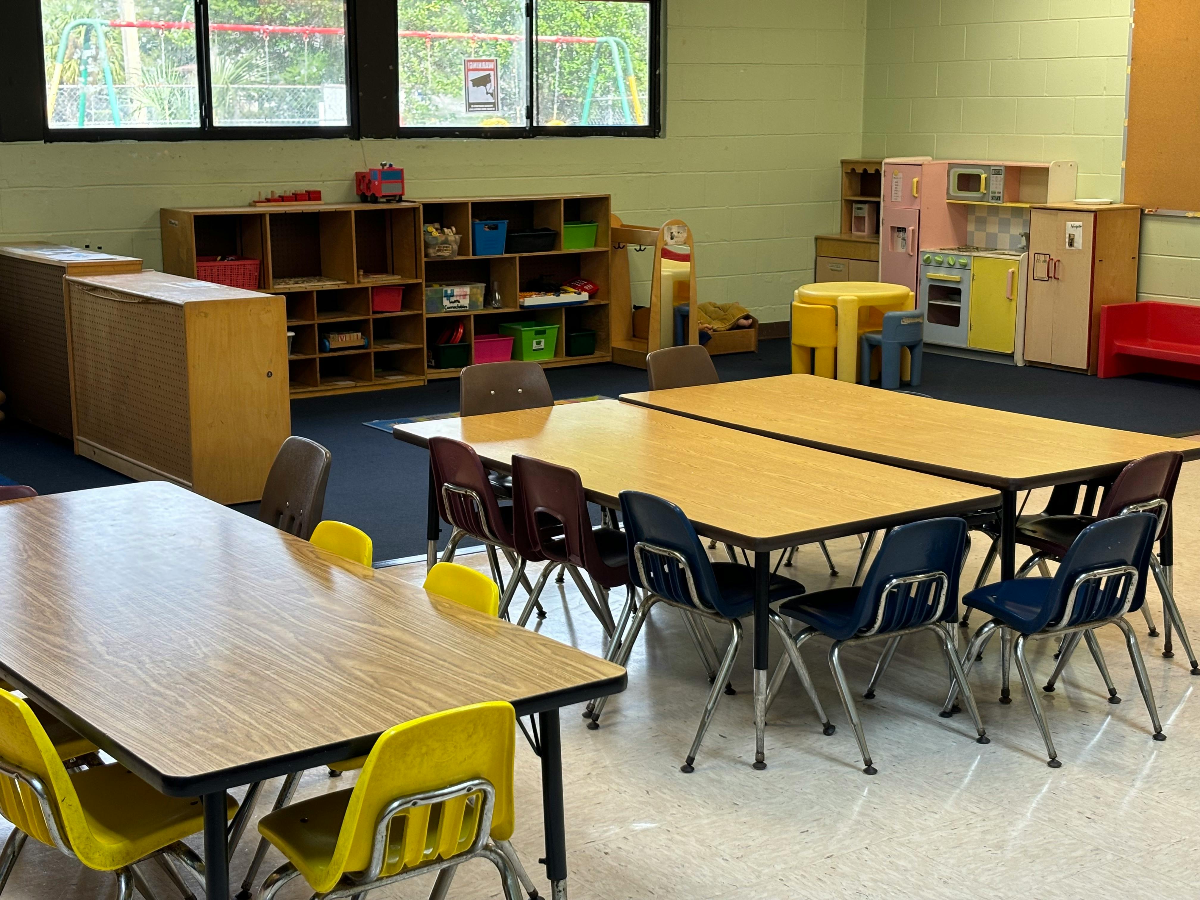 Classroom with tables and chairs