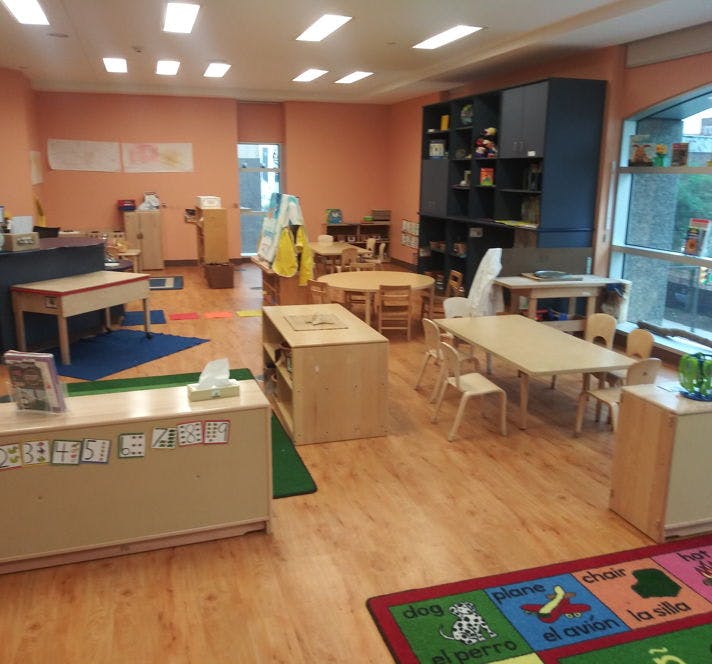 Empty classroom with small tables and chairs