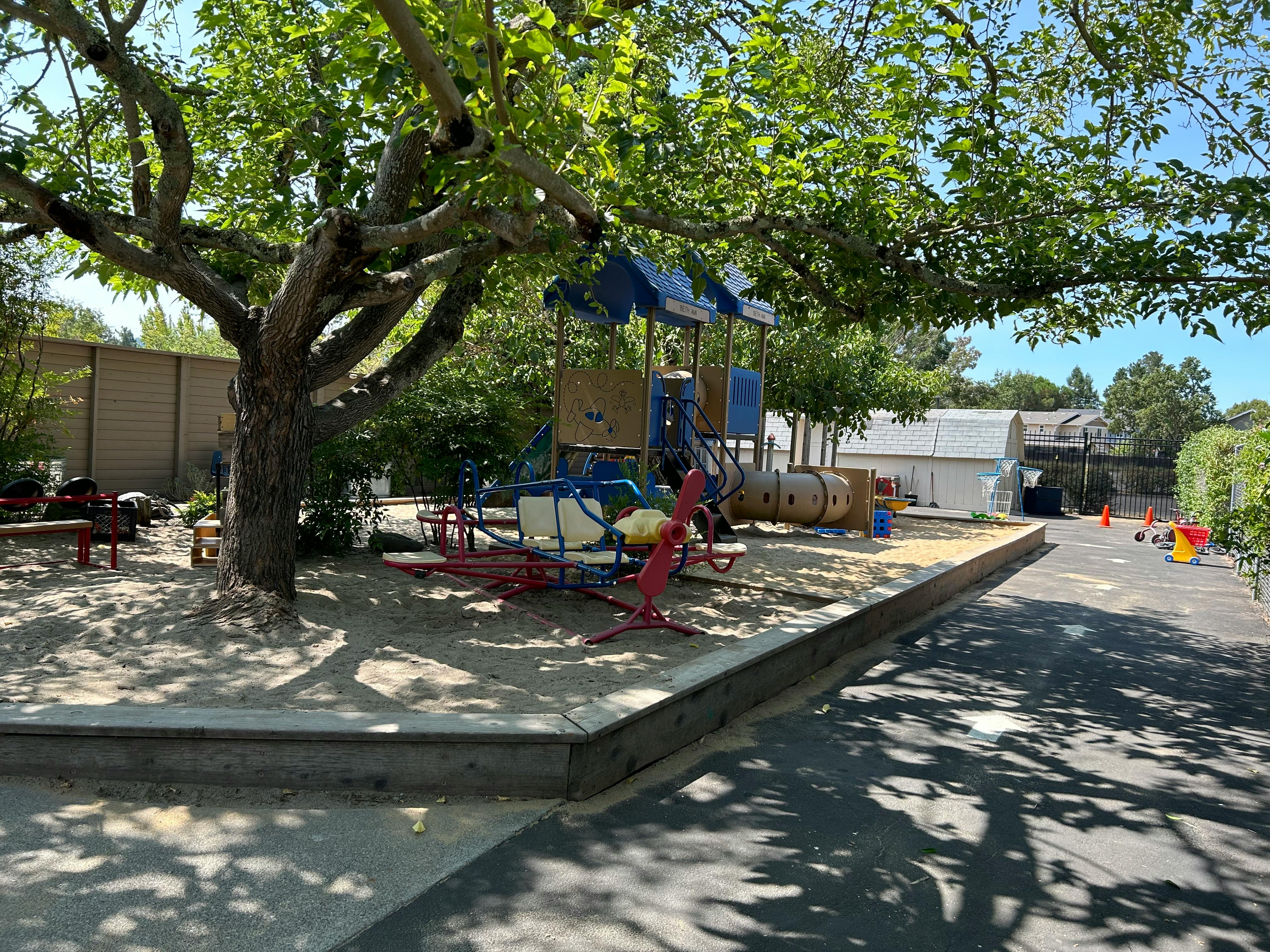 Playground with a slide, swings, and a large tree