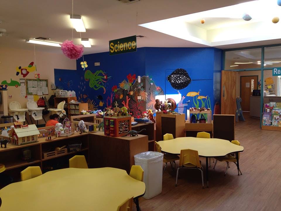 Classroom with yellow tables and a blue wall with a "Science" sign