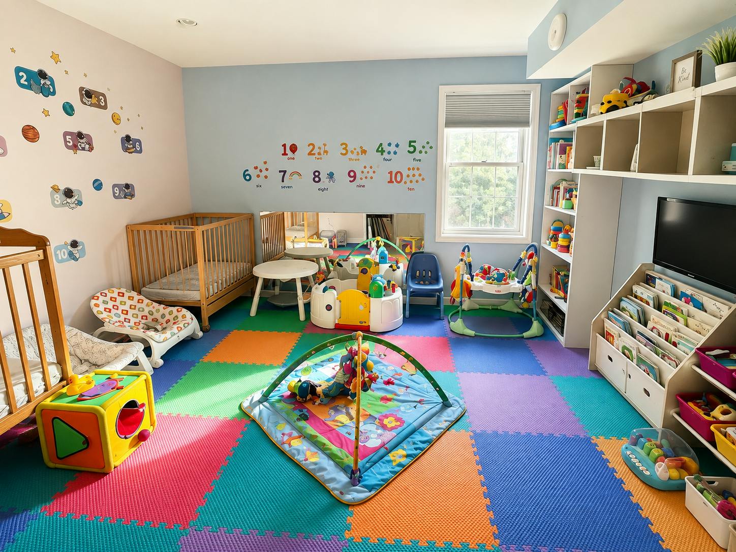Colorful playroom for children with toys and learning wall decals