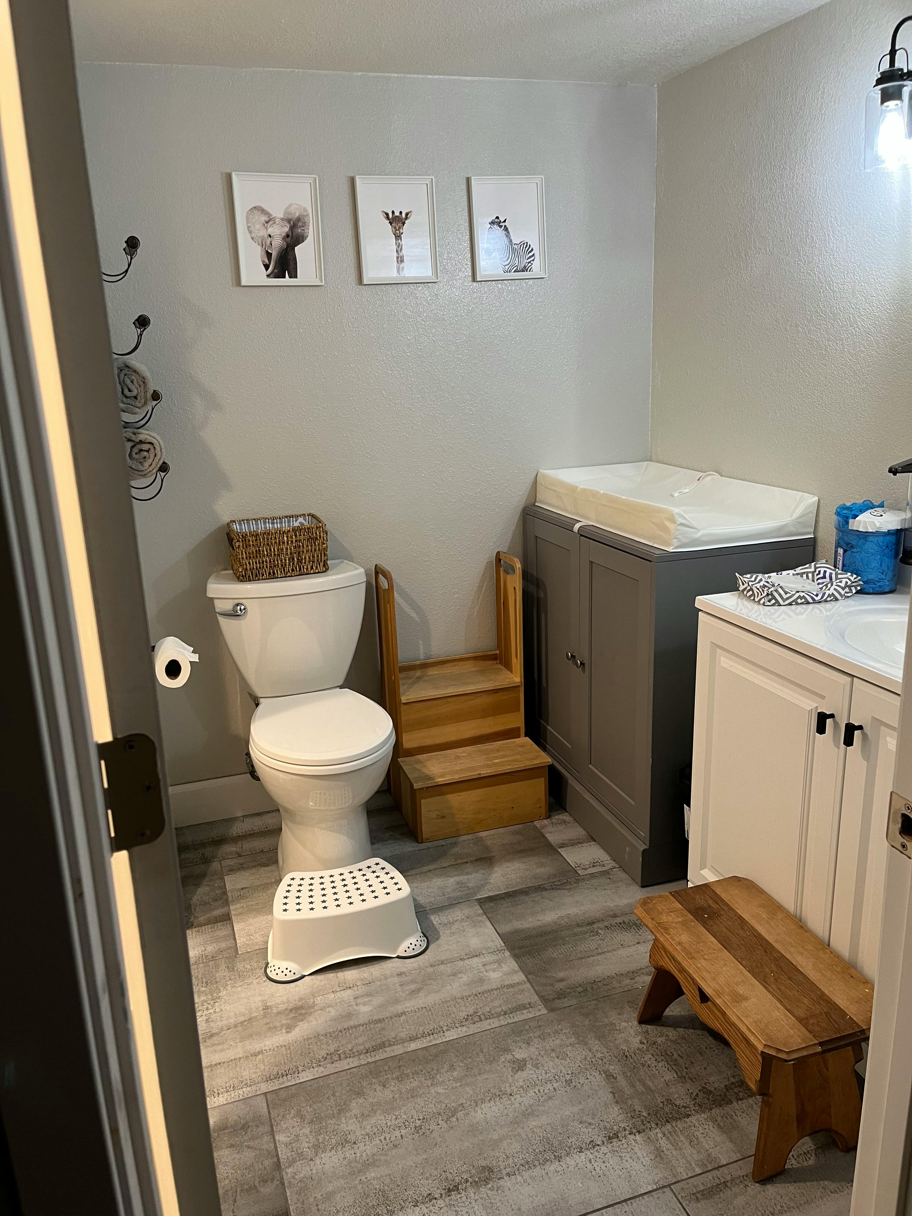 Bathroom with toilet, changing table, and small wooden steps