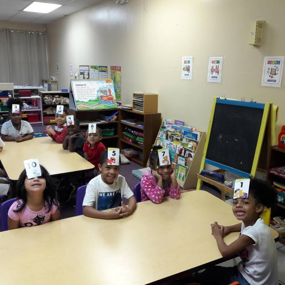 Children sitting at tables with number cards on their foreheads in a classroom
