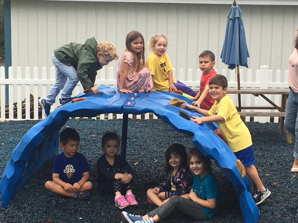 Children playing on and under a blue playground structure