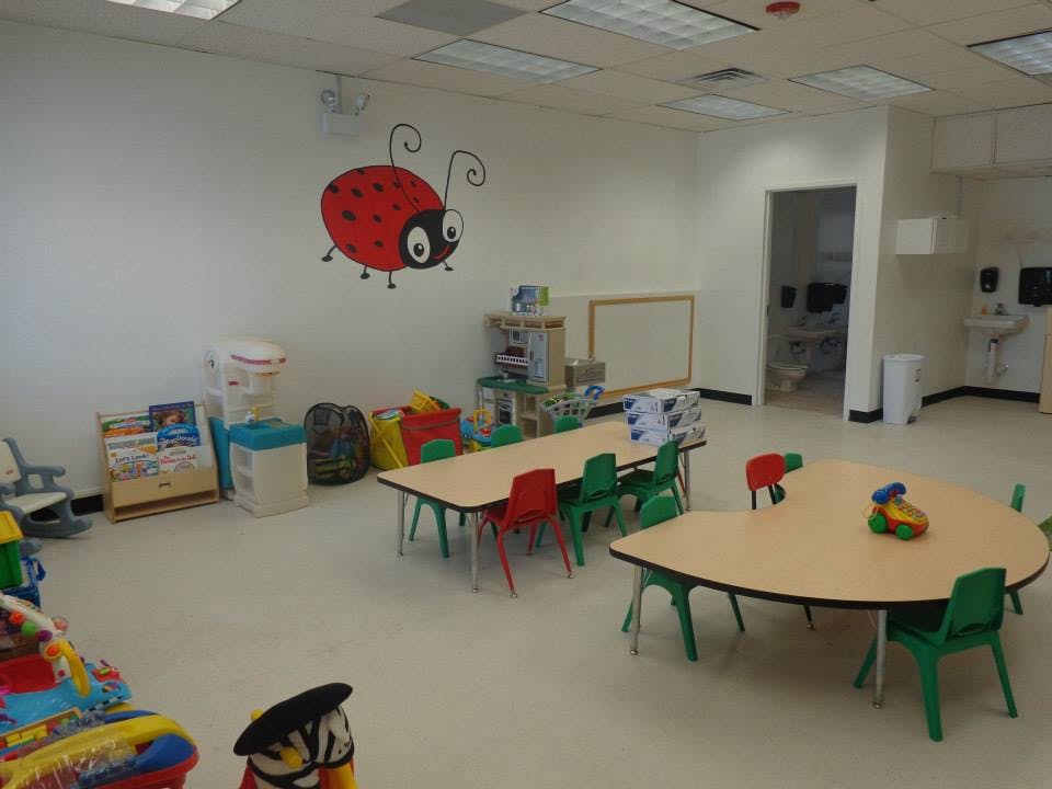 Classroom with tables and chairs, ladybug wall decal
