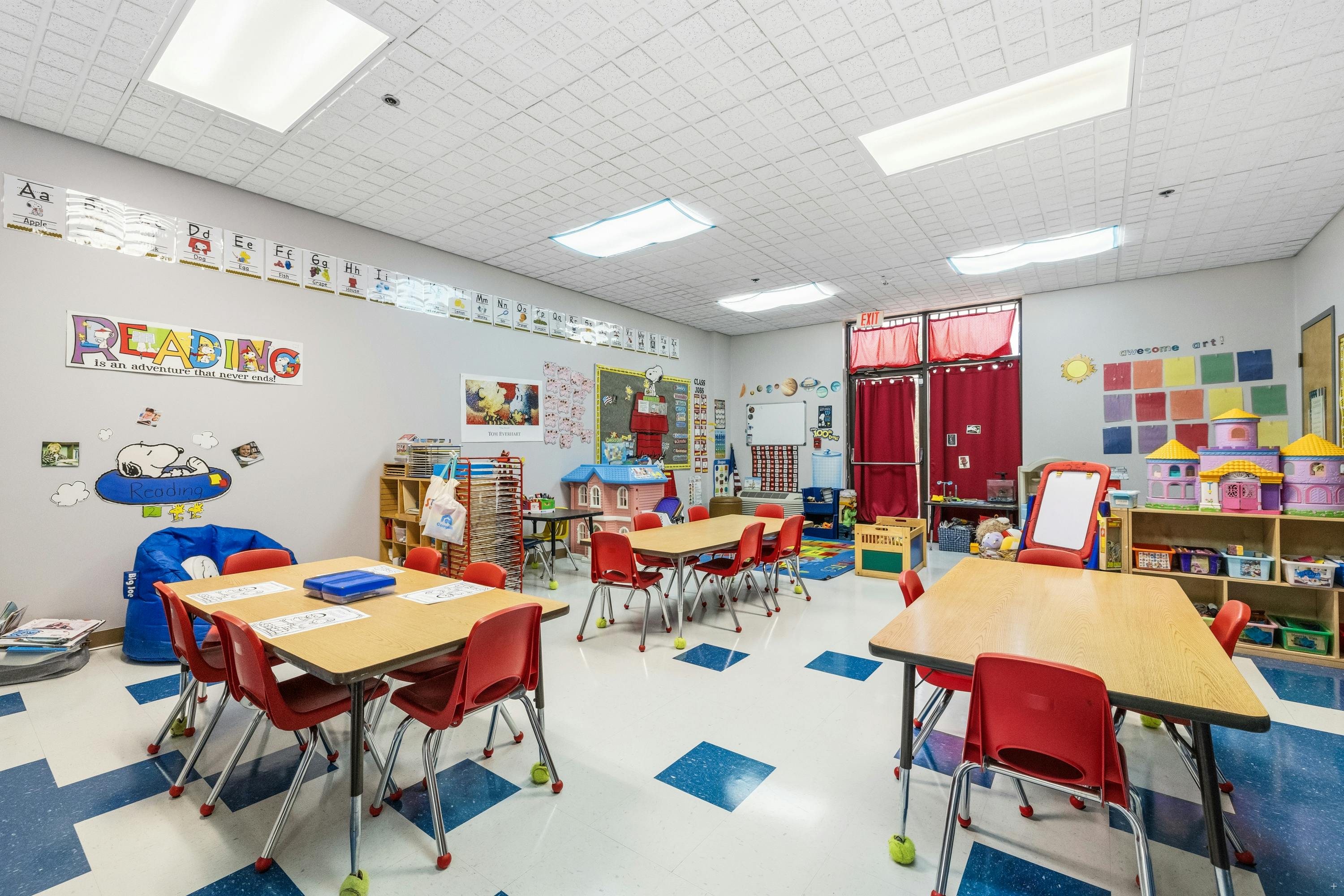 Classroom with small tables and chairs for children