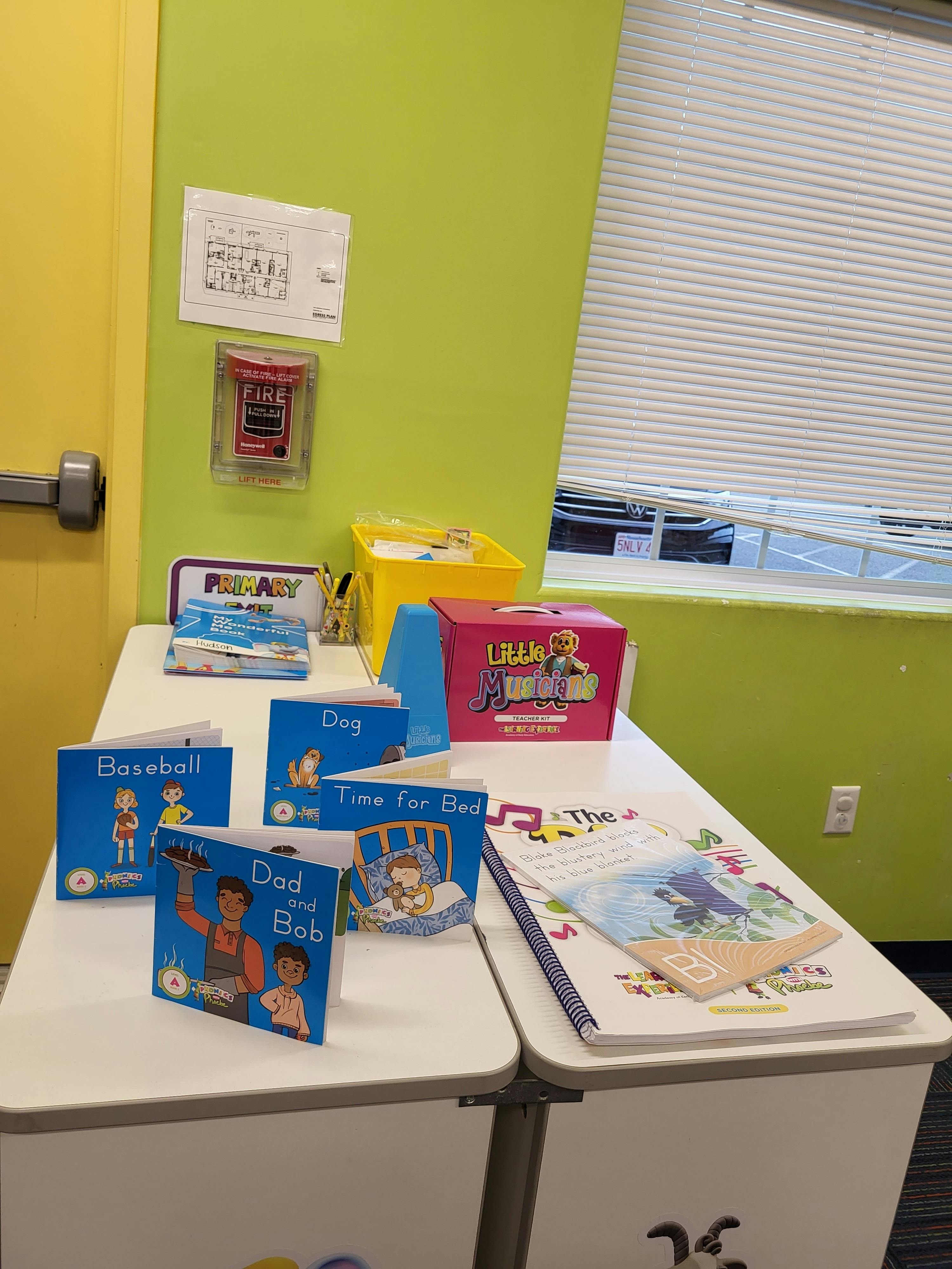 Children's books displayed on a table