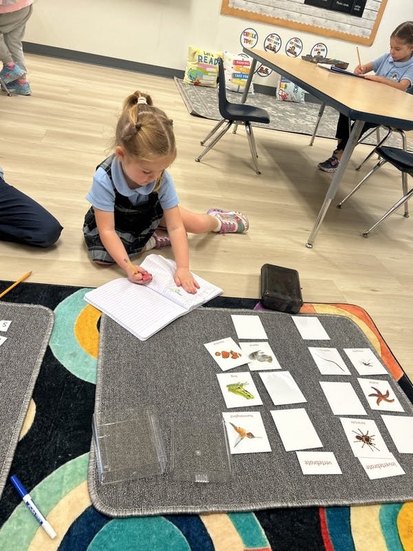 Child sitting on floor, writing in a notebook next to flashcards