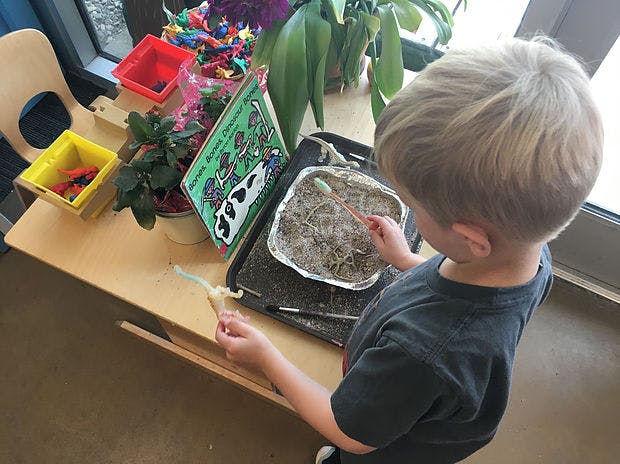 Child playing with sand and small objects at a table