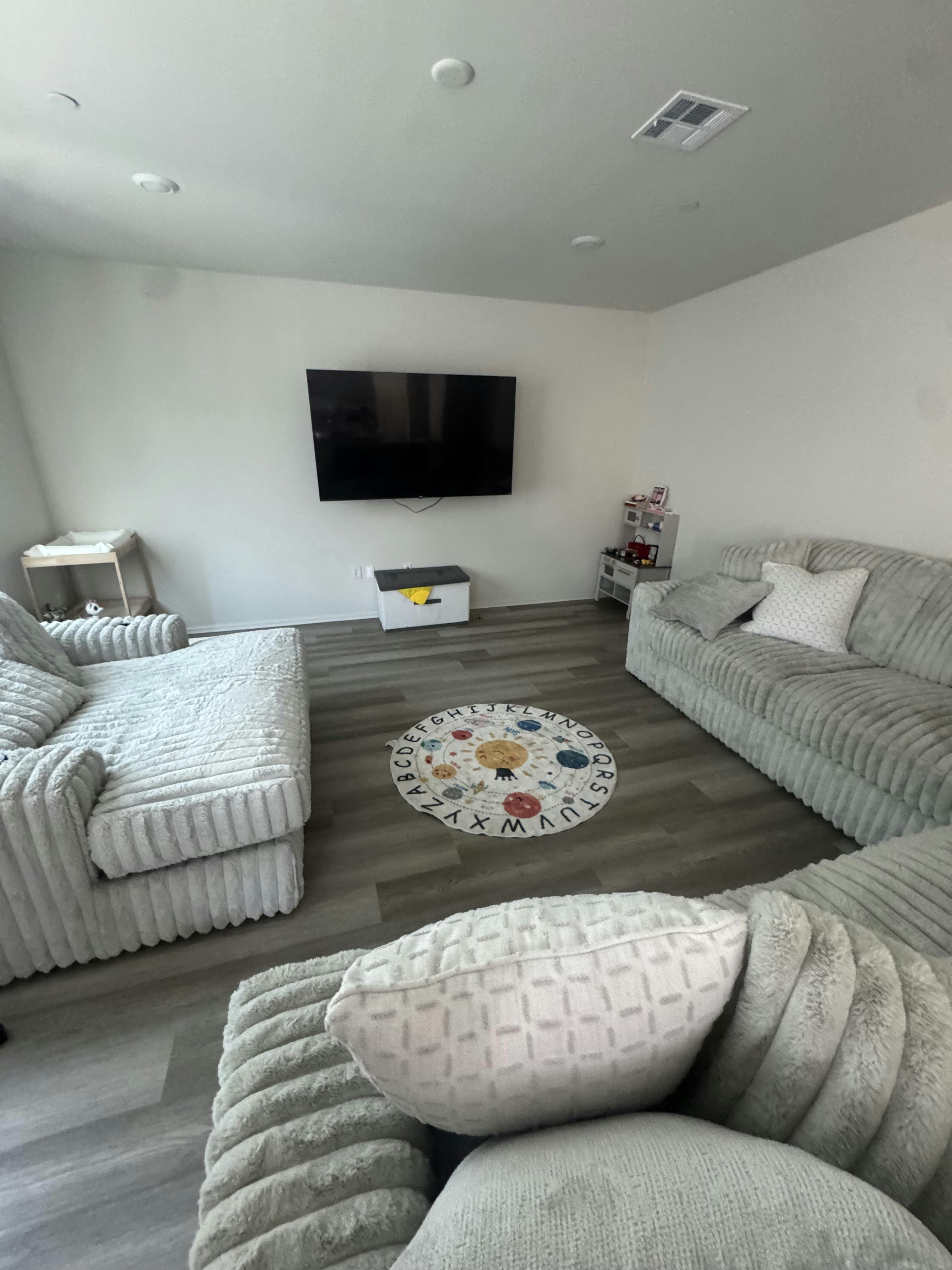 Living room with gray couches, a TV, and a round rug with letters and alphabet and sun pattern