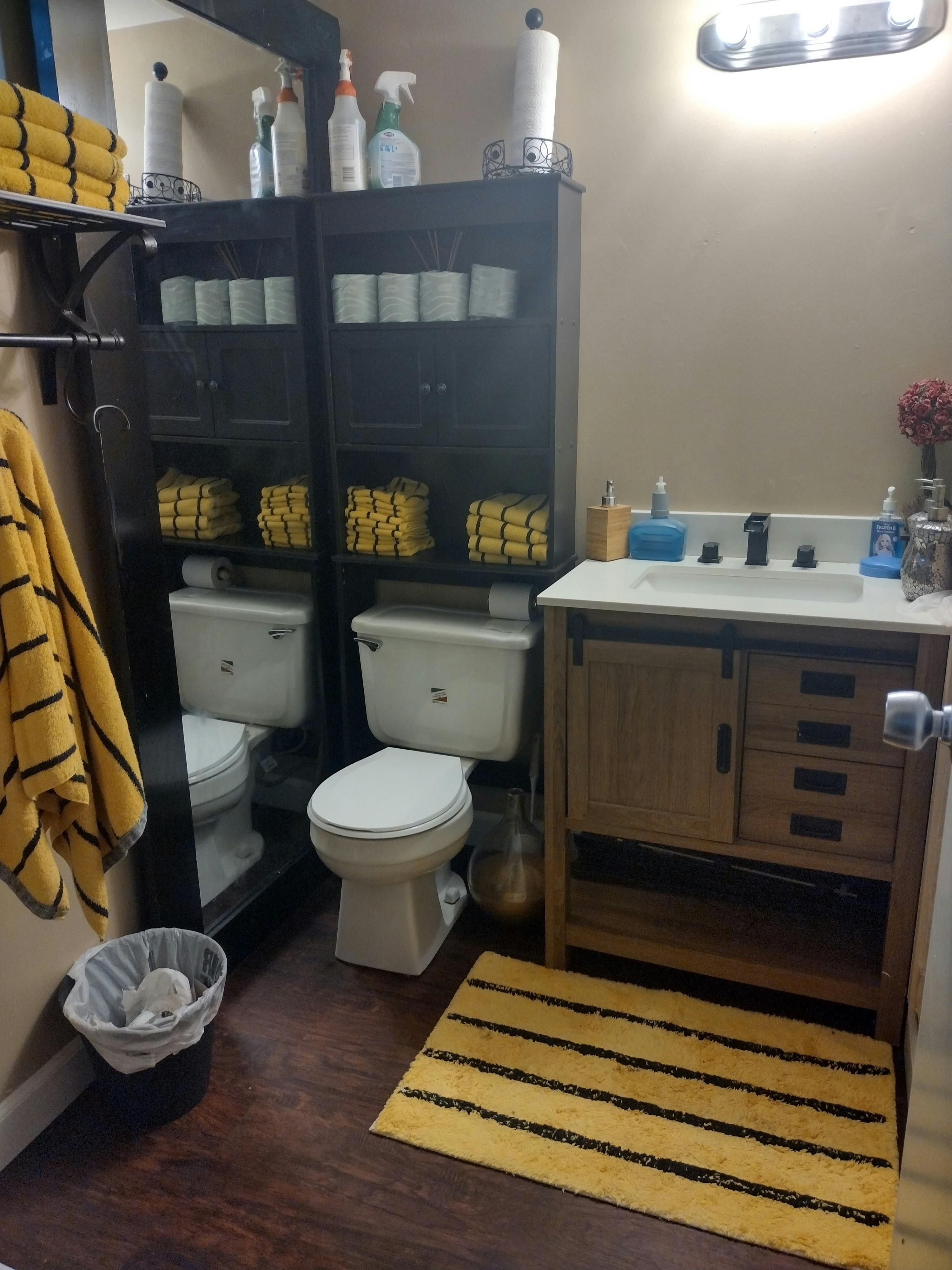 Bathroom with toilet, vanity, and storage shelves